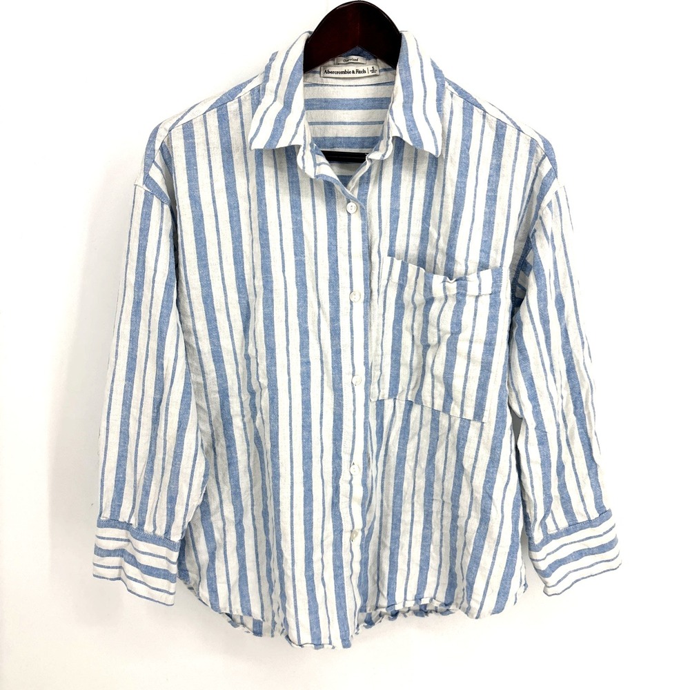 Abercrombie & Fitch Blue White Striped Oversized Linen-Blend Shirt Size Small